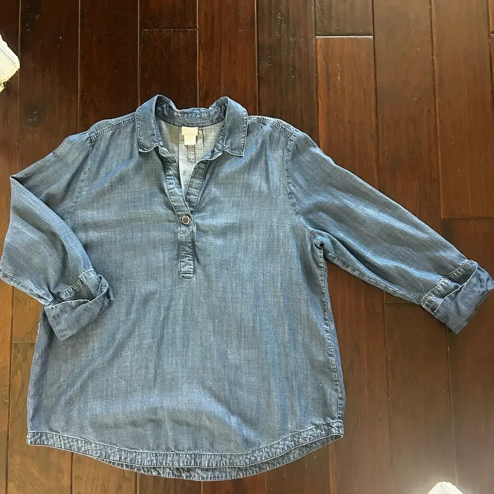 Chico's 3 Blue chambray style V-neck 3/4 sleeve long tunic shirt relaxed fit - Picture 1 of 7